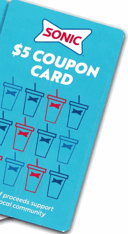 SONIC $5 Coupon Card, a Community First Card fundraising booklet.